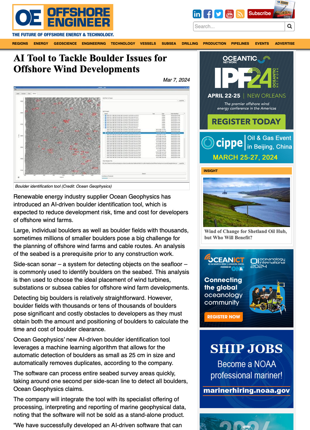 Offshore Engineering news featuring ocean geophysics AI SOFTWARE GEOPHYSICS